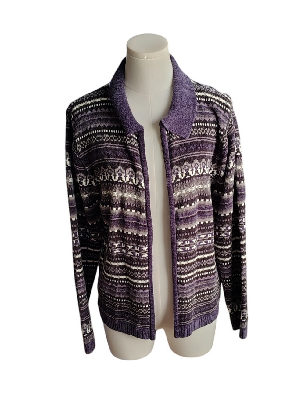 Croft & Barrow Super Soft Purple Gray Fair Isle Striped Zip Up Cardigan Size XS